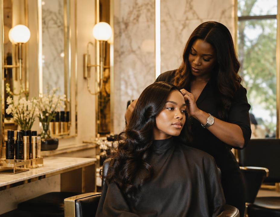 Stylist finishing a client's hair in an upscale salon