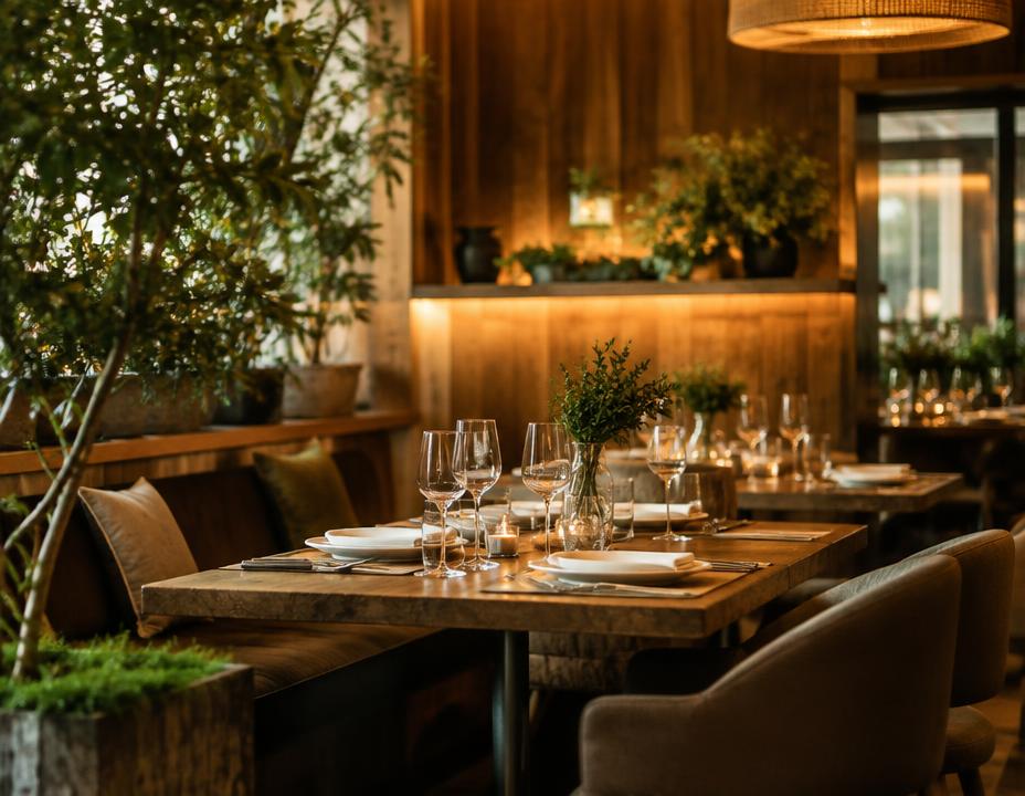 Beautifully set table in a warm, plant-filled restaurant
