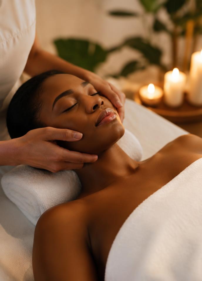 Woman receiving a relaxing facial treatment at a spa