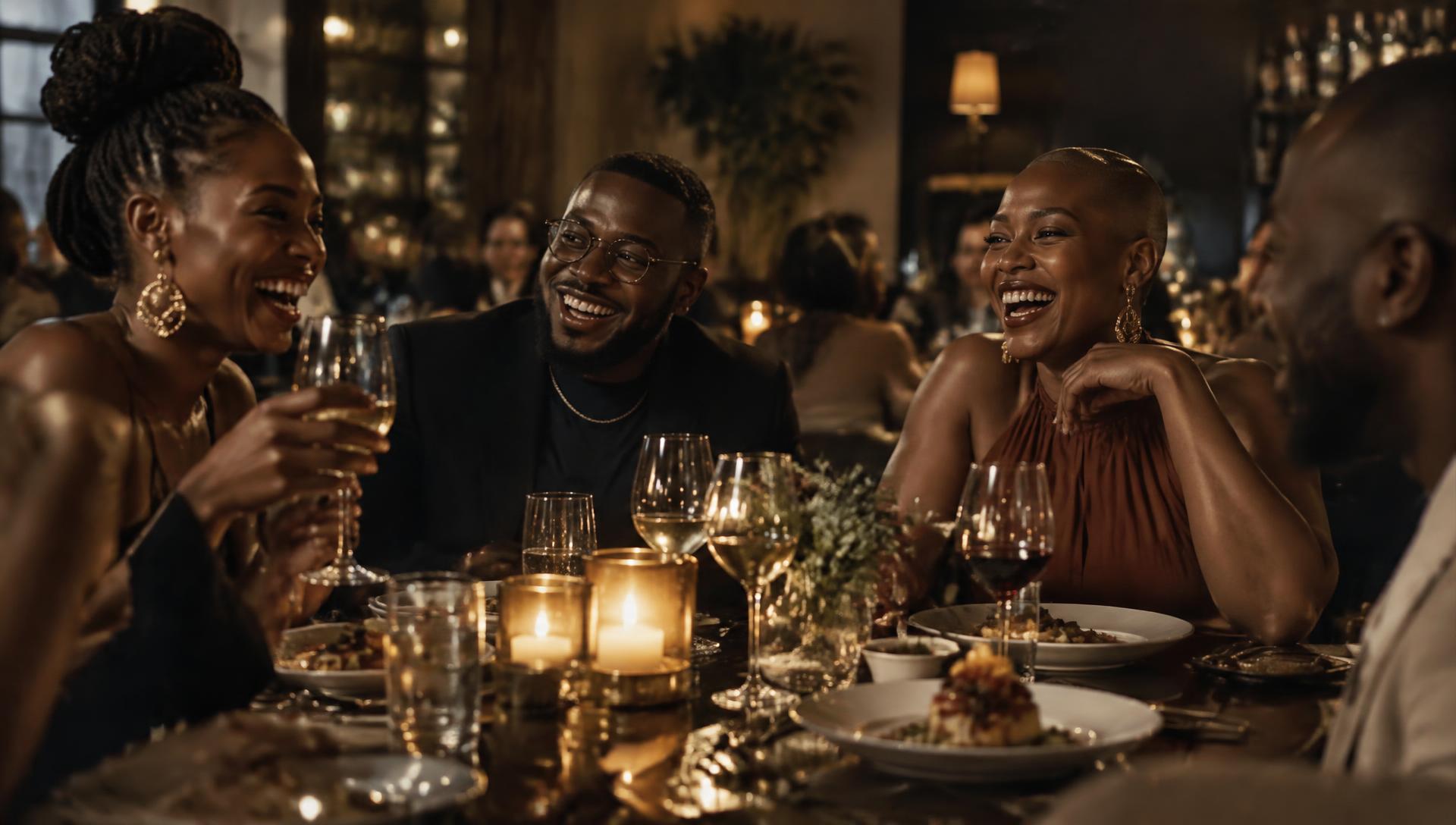 Friends laughing together over dinner at a warmly lit restaurant