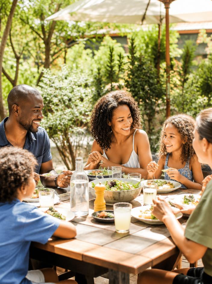 Family sharing lunch at a sunny garden restaurant