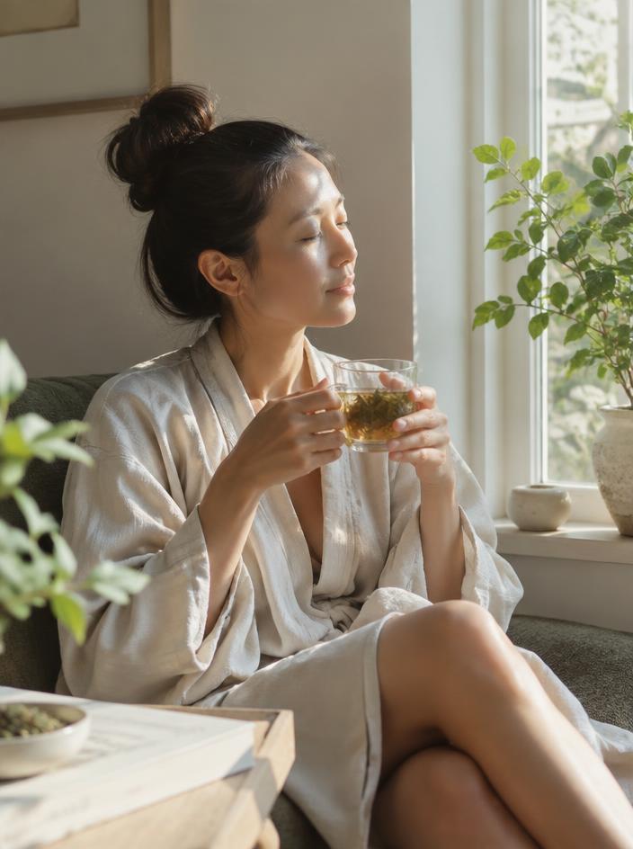 Woman enjoying tea in a sunlit room
